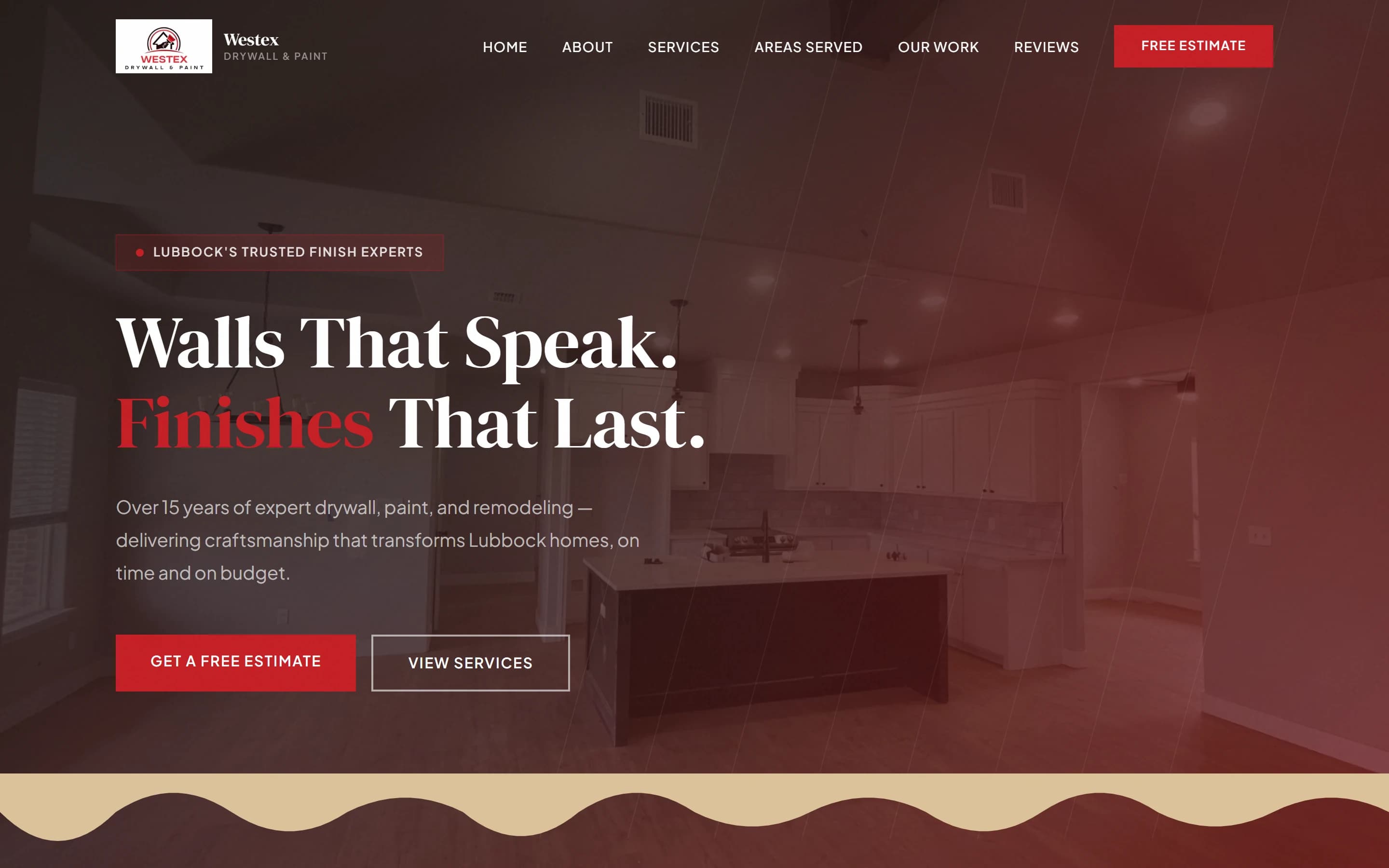 The Westex Drywall & Paint homepage on desktop and phone, headed “Walls That Speak. Finishes That Last.”
